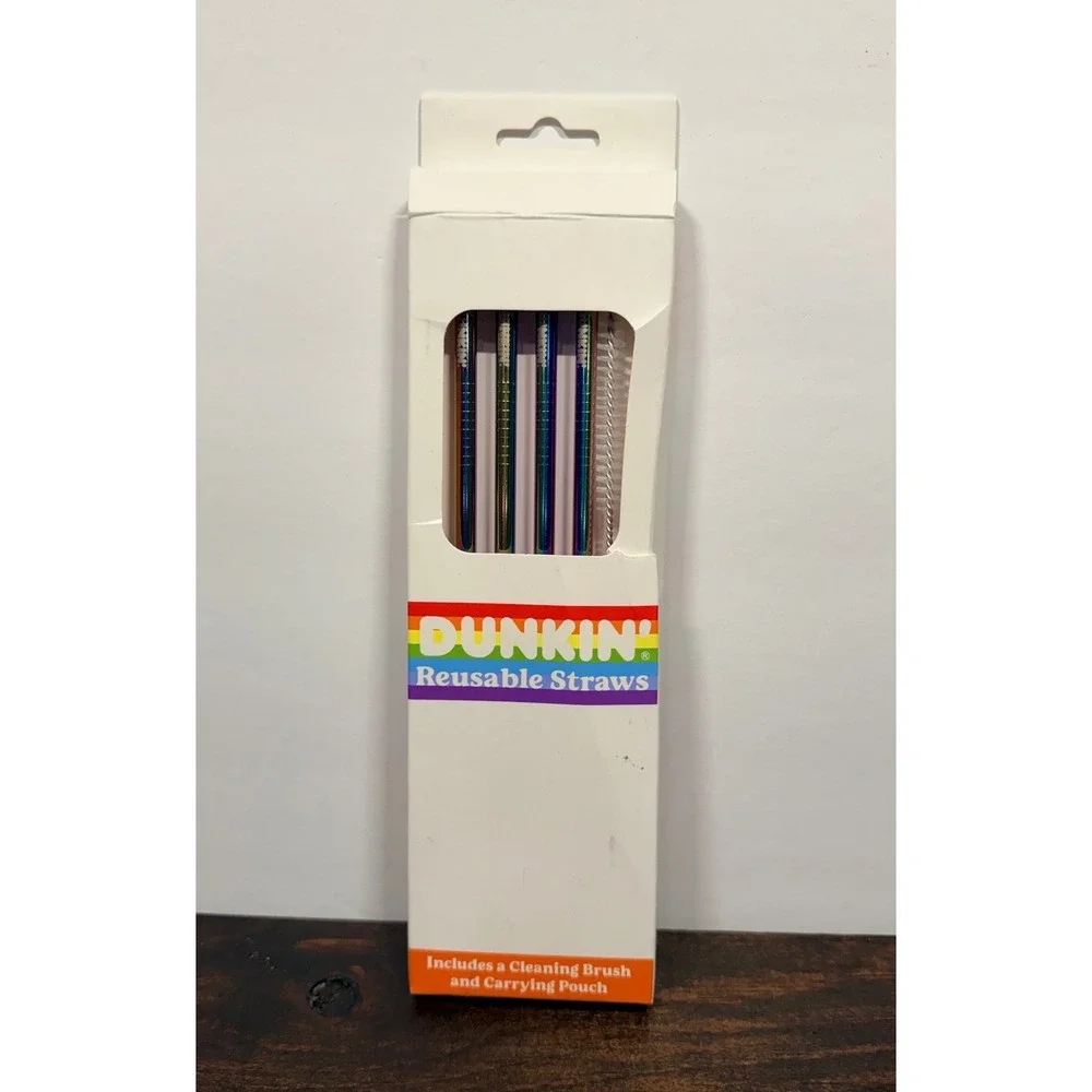 Dunkin Reusable Straws Rainbow Iridescent Metal 4pc Set with Brush‎ Pouch 912995